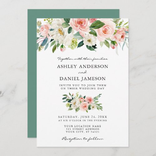 Watercolor Floral Pink Blush Greenery Wedding Invitation