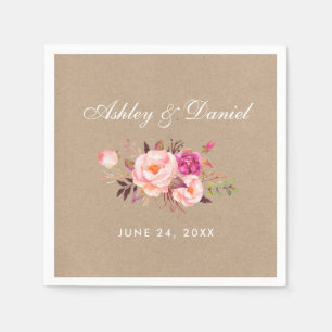 Watercolor Floral Pink Blush Kraft Wedding Napkins