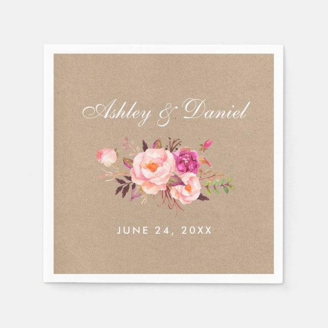 Watercolor Floral Pink Blush Kraft Wedding Napkins (Front)