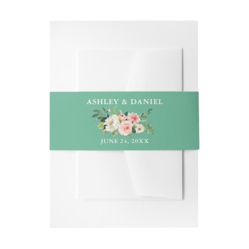 Watercolor Floral Pink Blush Neo Mint Wedding Invitation Belly Band