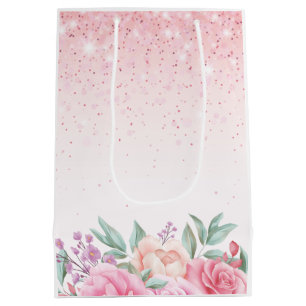 Watercolor Floral Pink Blush Pink Sparkle Glitter Medium Gift Bag