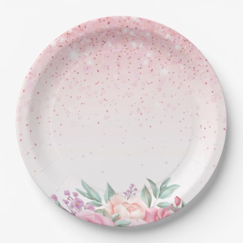 Watercolor Floral Pink Blush Pink Sparkle Glitter Paper Plates