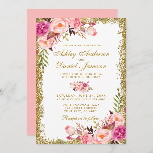 Watercolor Floral Pink Blush Wedding Glitter Invitation