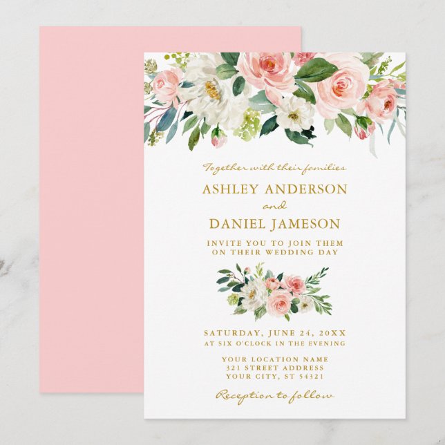 Watercolor Floral Pink Blush Wedding Gold Invitation (Front/Back)