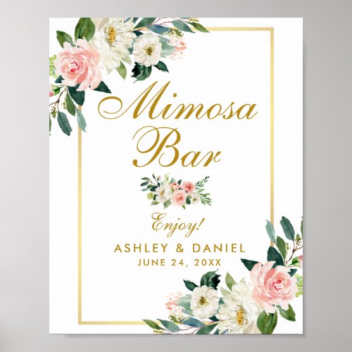 Watercolor Floral Pink Blush Wedding Gold Mimosa Poster