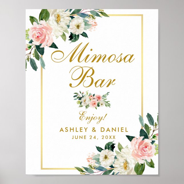 Watercolor Floral Pink Blush Wedding Gold Mimosa Poster (Front)