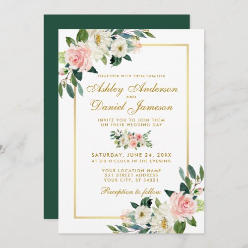 Watercolor Floral Pink Blush White Gold Wedding G Invitation