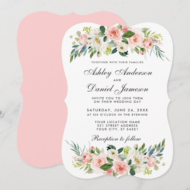 Watercolor Floral Pink Blush White Wedding BP Invitation (Front/Back)