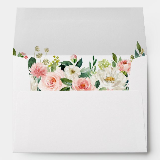 Watercolor Floral Pink Blush White Wedding Envelope (Back (Bottom))