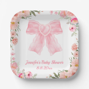 watercolor floral pink bow girl baby shower modern paper plates