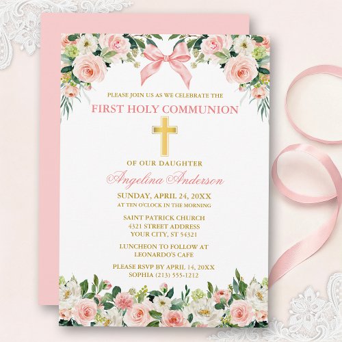 Watercolor Floral Pink Bow Gold Communion
