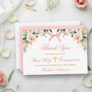 Watercolor Floral Pink Bow Gold Communion Thank You Card