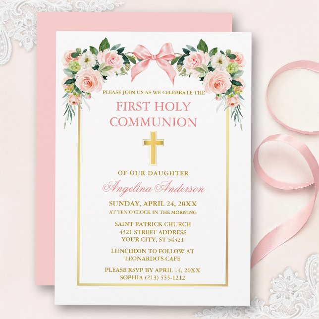 Watercolor Floral Pink Bow Gold Frame Communion Invitation (Customize to change text color, size, style or to change color of back of card.)