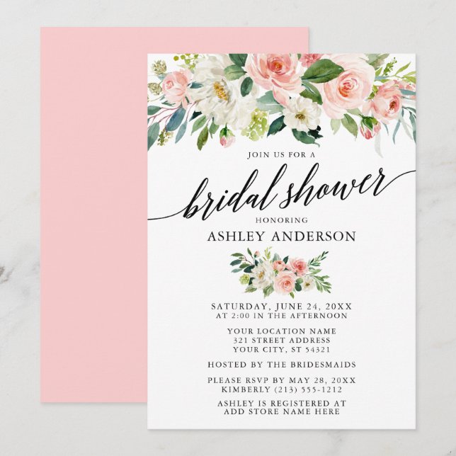 Watercolor Floral Pink Bridal Shower Calligraphy Invitation (Front/Back)