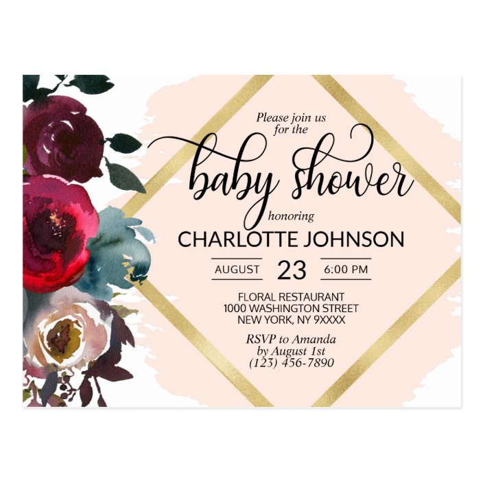 Watercolor Floral Pink Burgundy Gold Baby Shower Postcard Zazzle Com