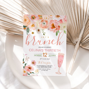 Watercolor Floral Pink Champagne Birthday Brunch Invitation