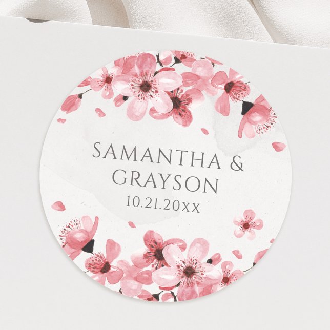 Watercolor Floral Pink Cherry Blossom Classic Round Sticker (Creator Uploaded)
