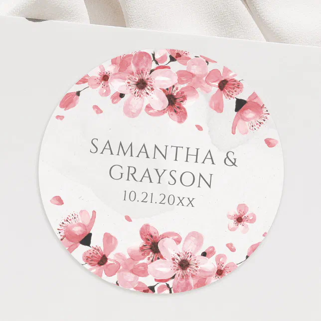 Watercolor Floral Pink Cherry Blossom Classic Round Sticker | Zazzle