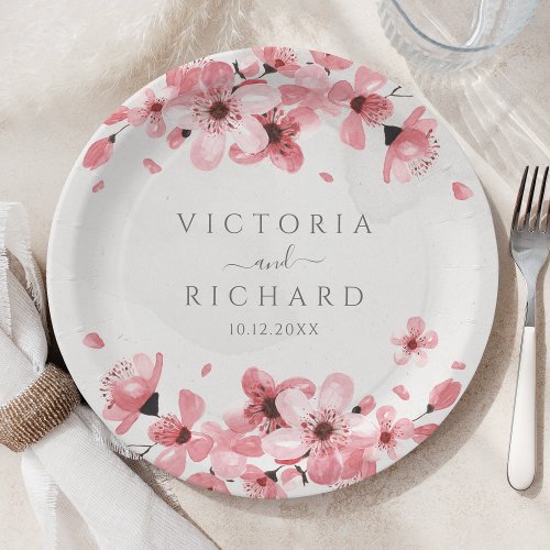 Watercolor Floral Pink Cherry Blossom Paper Plates