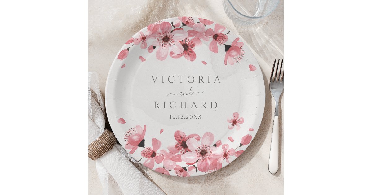Watercolor Floral Pink Cherry Blossom Paper Plates | Zazzle