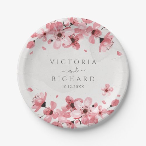 Watercolor Floral Pink Cherry Blossom Paper Plates