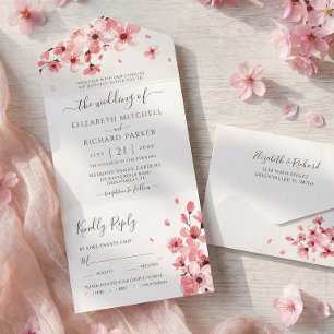 Watercolor Floral Pink Cherry Blossom Wedding All In One Invitation