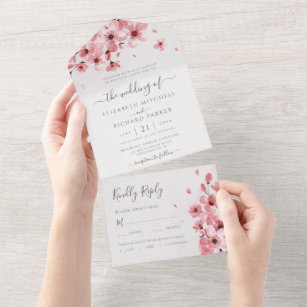 Watercolor Floral Pink Cherry Blossom Wedding All In One Invitation