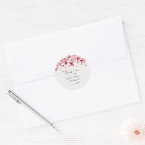 Watercolor Floral Pink Cherry Blossom Wedding Classic Round Sticker