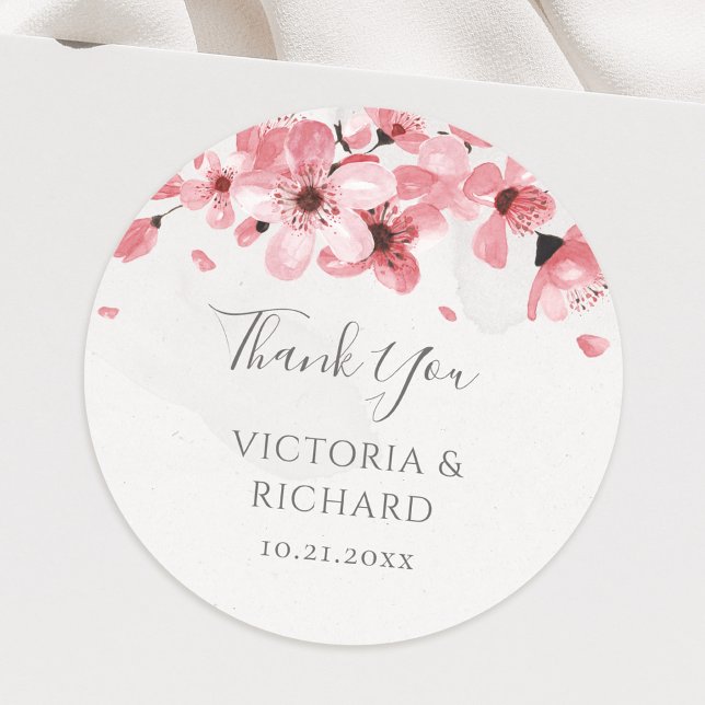 Watercolor Floral Pink Cherry Blossom Wedding Classic Round Sticker (Creator Uploaded)