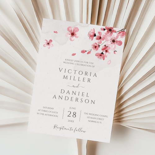 Watercolor Floral Pink Cherry Blossom Wedding Invitation