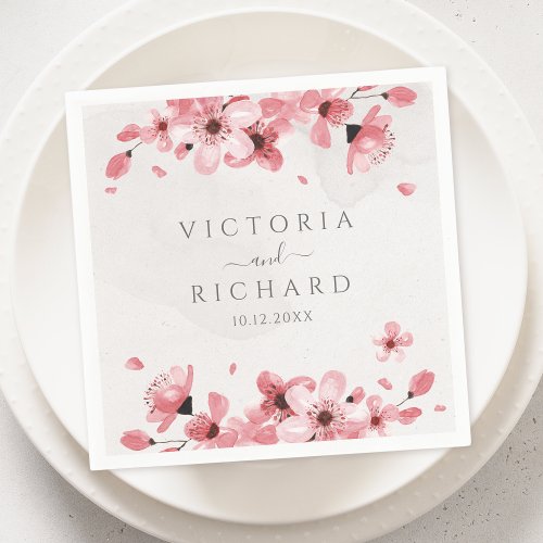 Watercolor Floral Pink Cherry Blossom Wedding Napkins