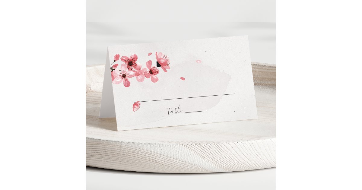Watercolor Floral Pink Cherry Blossom Wedding Place Card | Zazzle