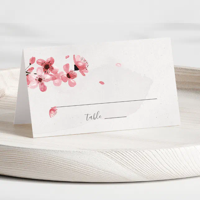 Watercolor Floral Pink Cherry Blossom Wedding Place Card | Zazzle