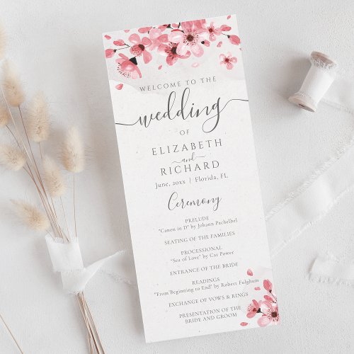 Watercolor Floral Pink Cherry Blossom Wedding Program