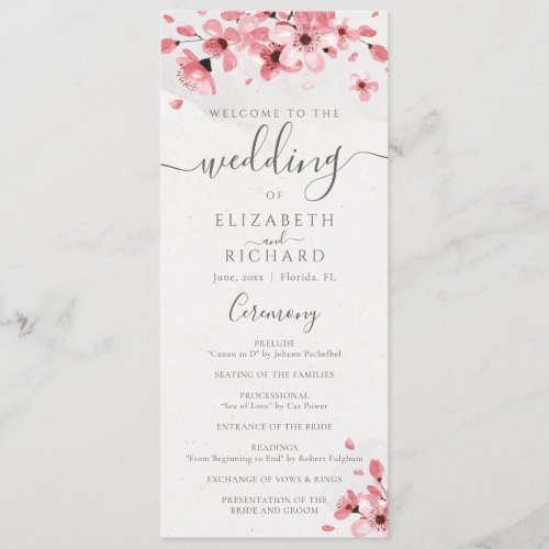 Watercolor Floral Pink Cherry Blossom Wedding Program