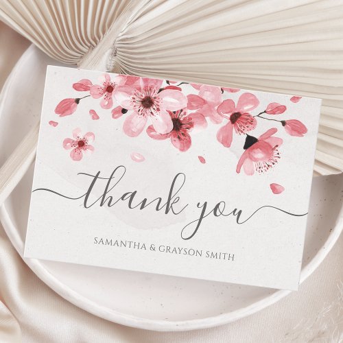 Watercolor Floral Pink Cherry Blossom Wedding Thank You Card