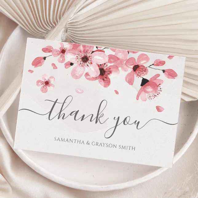 Watercolor Floral Pink Cherry Blossom Wedding Thank You Card | Zazzle
