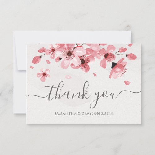 Watercolor Floral Pink Cherry Blossom Wedding Thank You Card