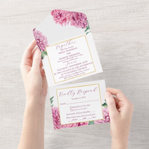 Watercolor Floral Pink Chrysanthemum with Gold All In One Invitation