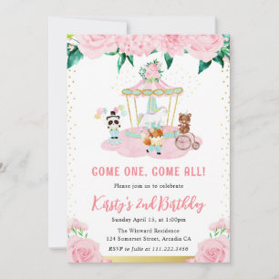 Watercolor Floral Pink Circus Animals Birthday Invitation