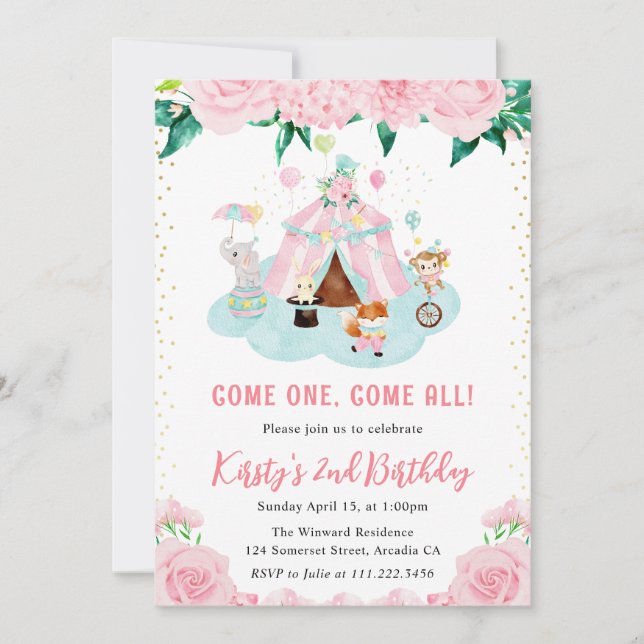 Watercolor Floral Pink Circus Animals Birthday Invitation (Front)