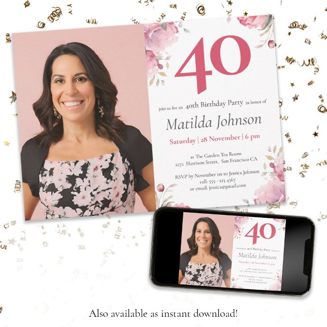 Watercolor Floral Pink Custom Photo 40th Birthday Invitation (40th Birthday Watercolor Floral Pink Custom Photo Invitation)