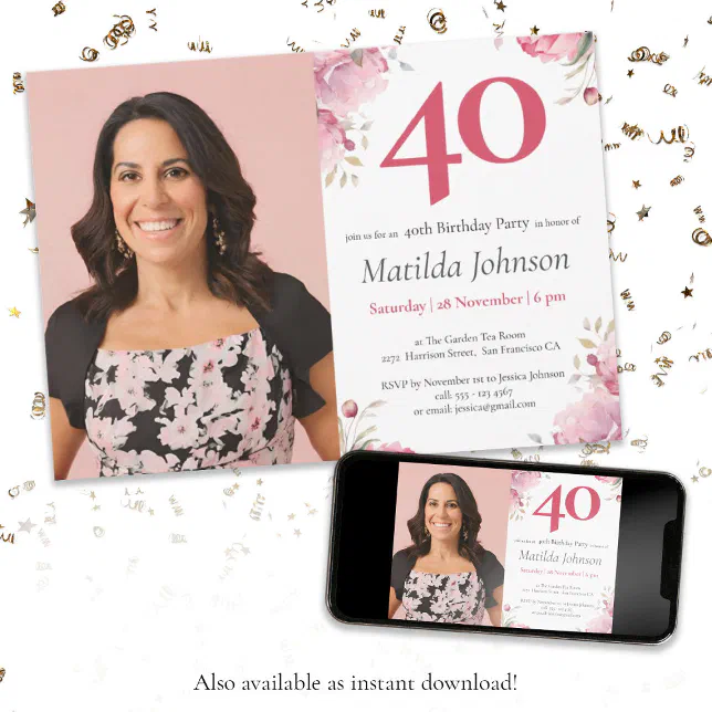 Watercolor Floral Pink Custom Photo 40th Birthday Invitation | Zazzle
