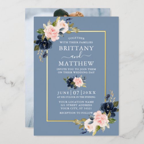 Watercolor Floral Pink Dusty Blue Photo Gold Foil Invitation