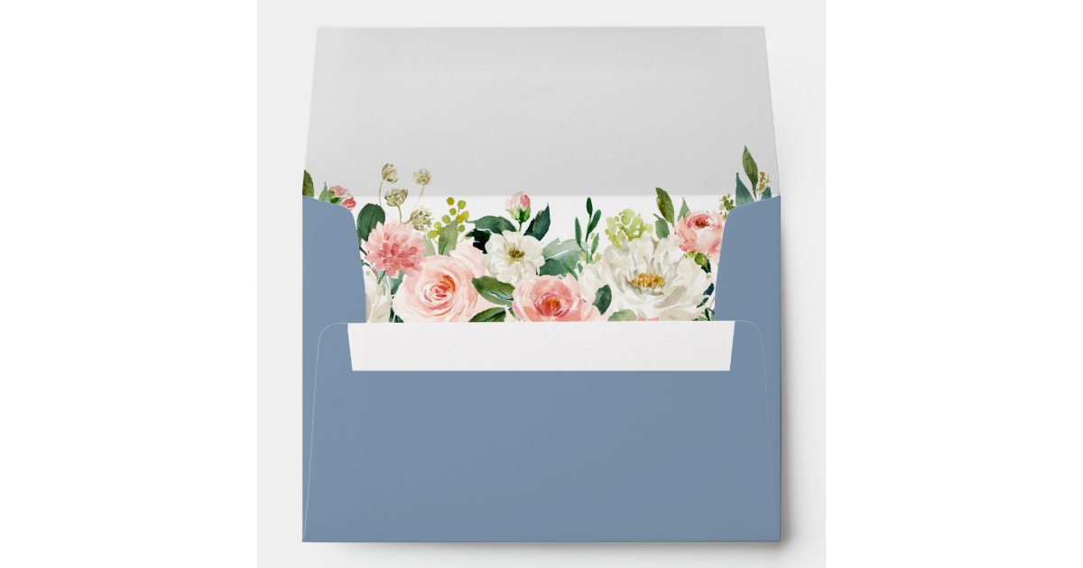 Watercolor Floral Pink Dusty Blue Wedding Envelope | Zazzle