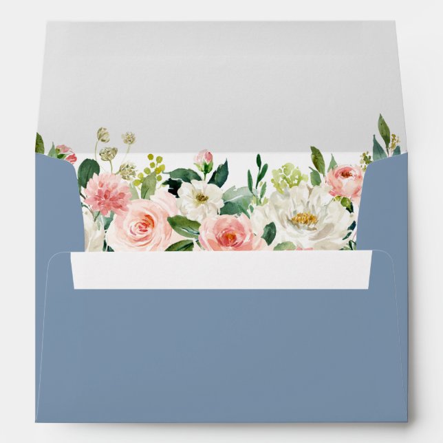 Watercolor Floral Pink Dusty Blue Wedding Envelope (Back (Bottom))