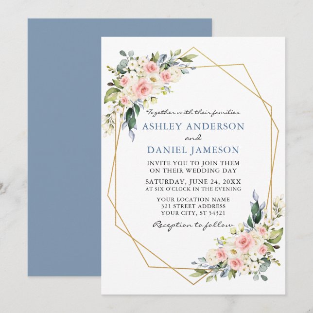 Watercolor Floral Pink Dusty Blue Wedding Geo Invitation (Front/Back)