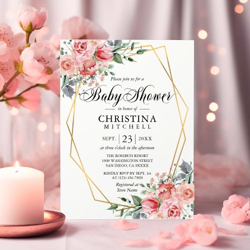 Watercolor Floral Pink Dusty Rose Baby Shower Invitation