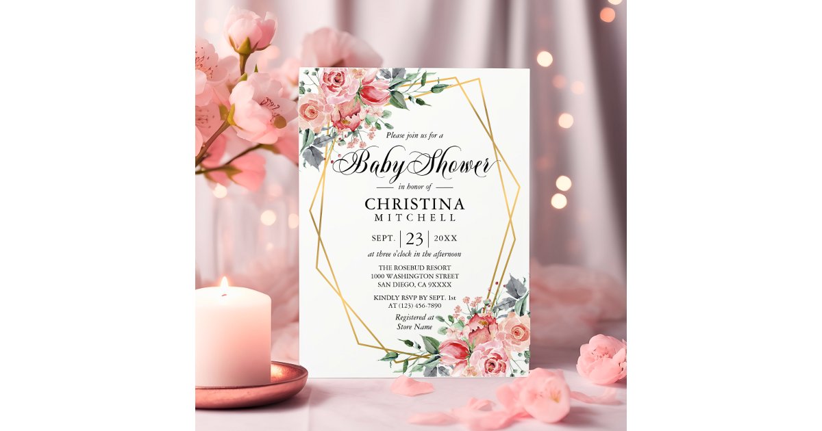 Watercolor Floral Pink Dusty Rose Baby Shower Invitation | Zazzle