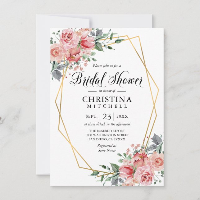 Watercolor Floral Pink Dusty Rose Bridal Shower Invitation (Front)